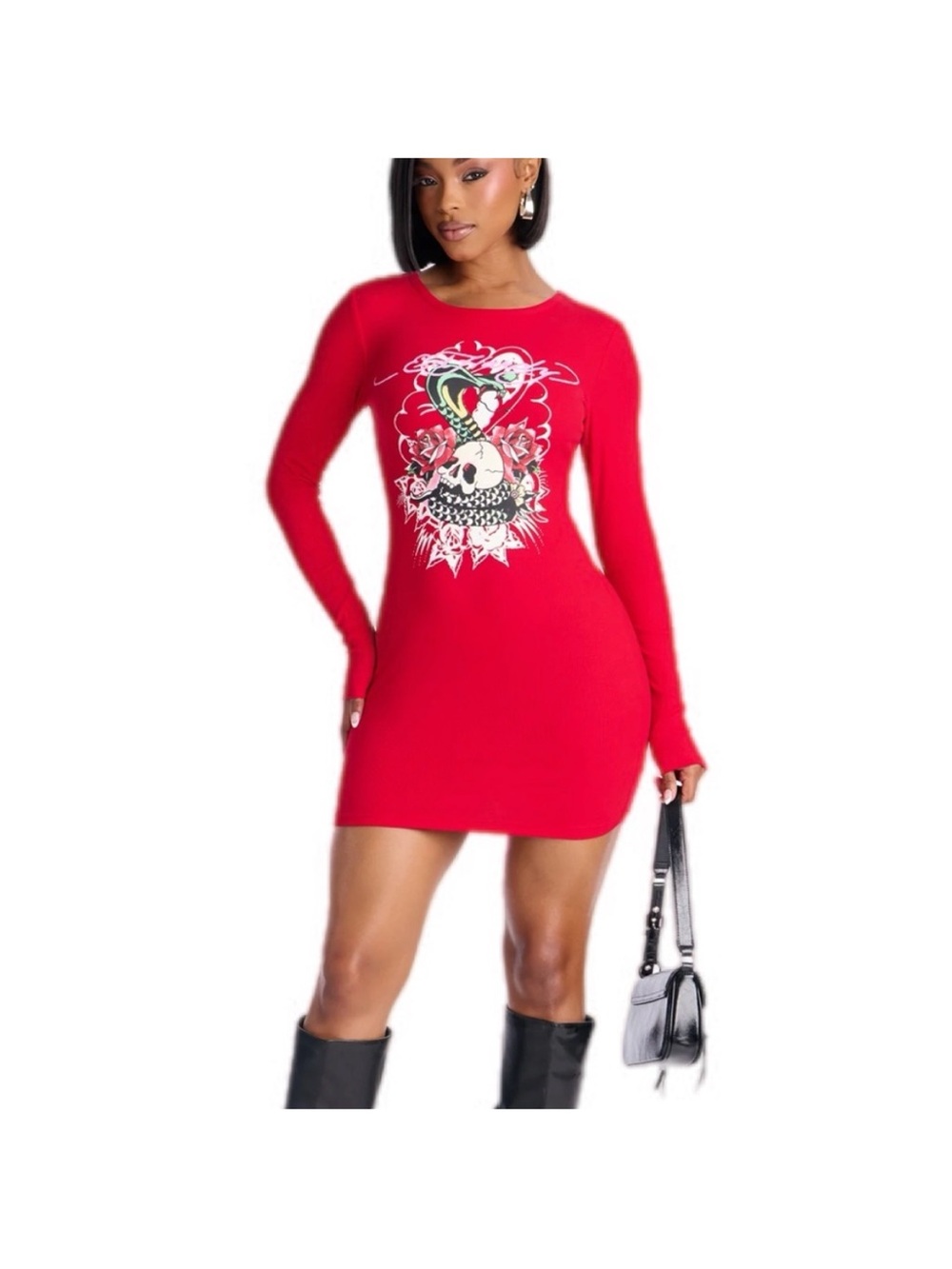 Ed Hardy Red Graphic Long-Sleeve Mini Dress